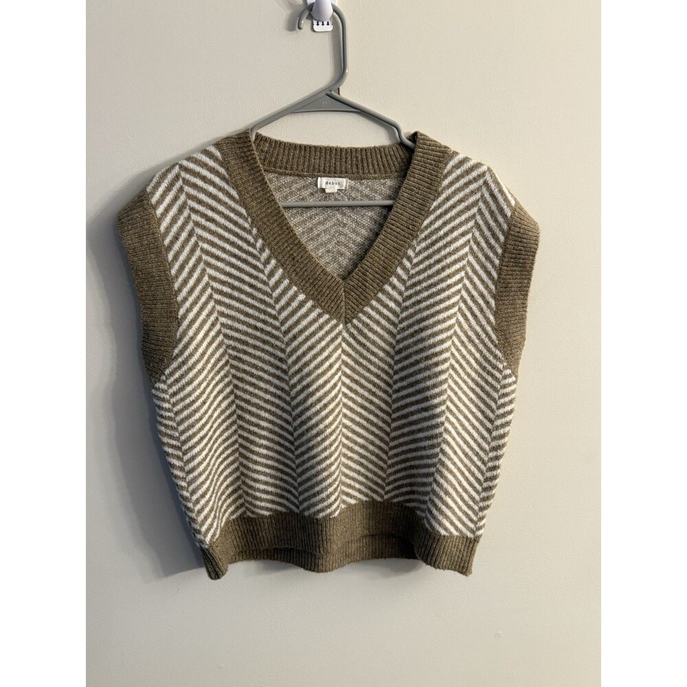Debut Beige Tan Herringbone Women's Cropped Knit Sweater‎ Vest M Cottage Core